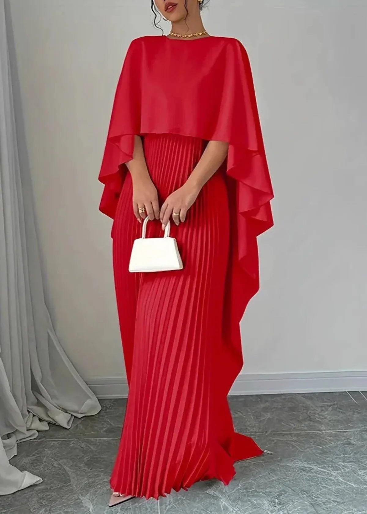 Kaitlyn | Women’s Wedding Guest Pleated Cape Maxi Dress
