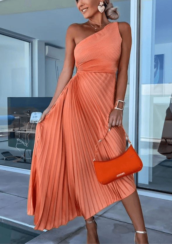Bella | Women’s Wedding Guest Dress One Shoulder Pleated Maxi Dress