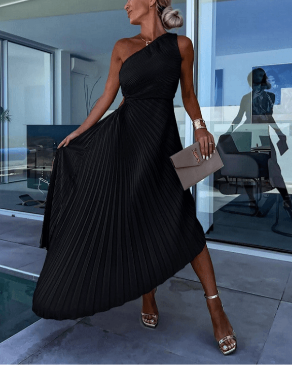 Bella | Women’s Wedding Guest Dress One Shoulder Pleated Maxi Dress