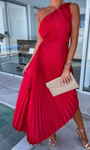Bella | Women’s Wedding Guest Dress One Shoulder Pleated Maxi Dress